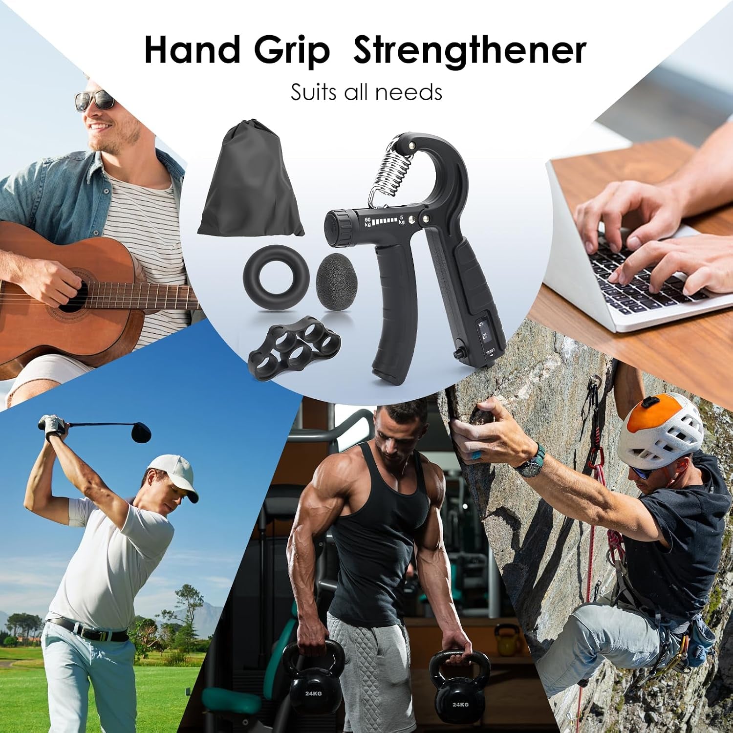5-In-1 Grip Strength Trainer Kit with Counter, Adjustable Hand Grip(11-132 Lbs), Finger Stretcher, Grip Ring & Stress Ball – Grip Strength Trainer for Adults, Home Gym, Arm Workout Equipment