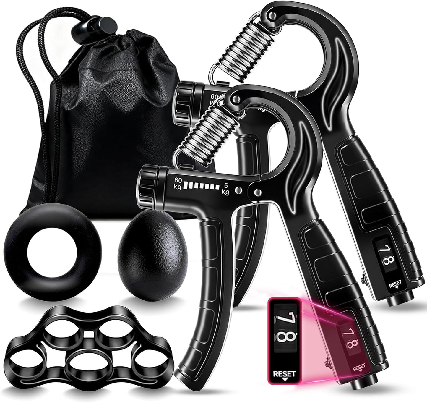 5-In-1 Grip Strength Trainer Kit with Counter, Adjustable Hand Grip(11-132 Lbs), Finger Stretcher, Grip Ring & Stress Ball – Grip Strength Trainer for Adults, Home Gym, Arm Workout Equipment
