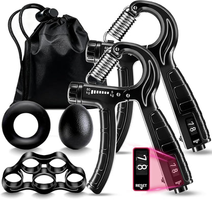 5-In-1 Grip Strength Trainer Kit with Counter, Adjustable Hand Grip(11-132 Lbs), Finger Stretcher, Grip Ring & Stress Ball – Grip Strength Trainer for Adults, Home Gym, Arm Workout Equipment