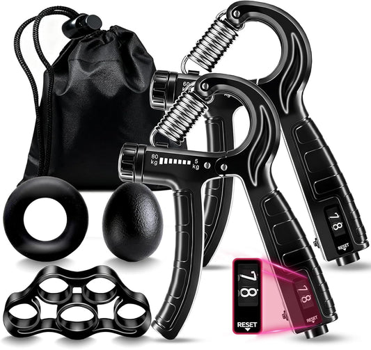 5-In-1 Grip Strength Trainer Kit with Counter, Adjustable Hand Grip(11-132 Lbs), Finger Stretcher, Grip Ring & Stress Ball – Grip Strength Trainer for Adults, Home Gym, Arm Workout Equipment